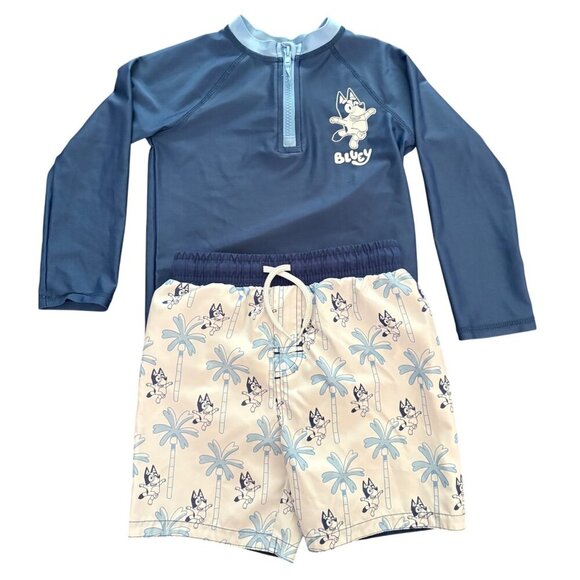 Bluey Boys Bathing Suit Swimwear 2 Piece Long Sleeve Rash Gaurd + Shorts Size 4T - Picture 1 of 11